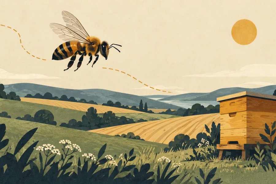 Illustrated honeybee flying home over fields towards a hive beneath the sun