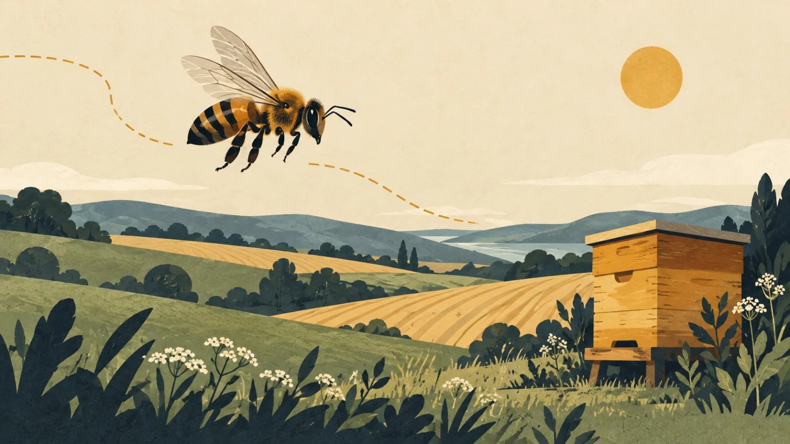 Illustrated honeybee flying home over fields towards a hive beneath the sun