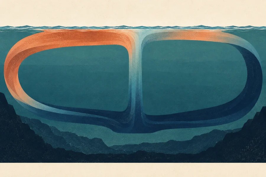 Ocean cross-section with warm surface flow, sinking water and a cool deep return flow
