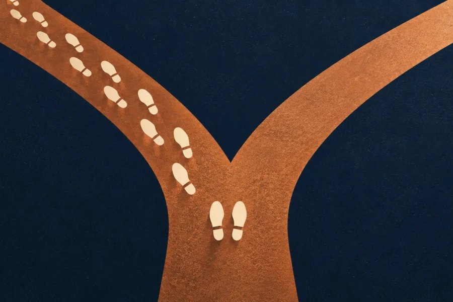 A single pair of footprints pauses where a path forks, while many footprints follow one branch