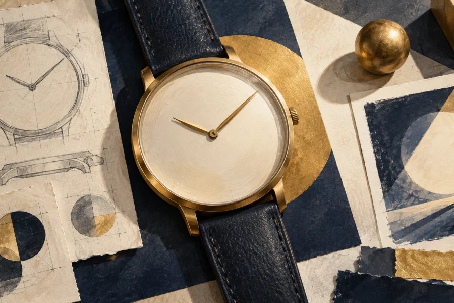 An unbranded watch with hands forming an upward V amid design sketches