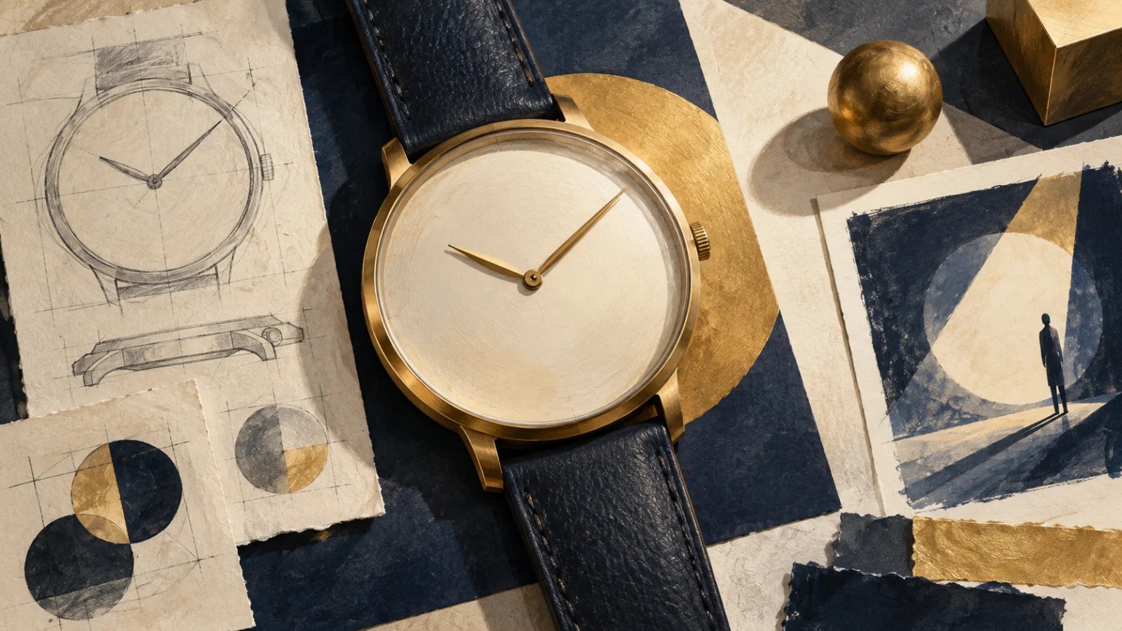 An unbranded watch with hands forming an upward V amid design sketches