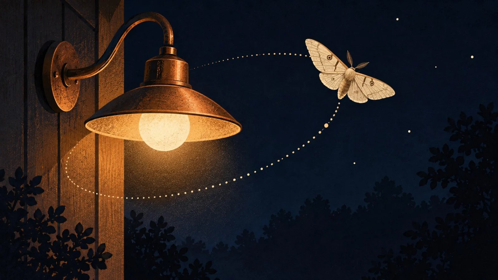 A pale moth follows a curved dotted flight path near a copper porch lamp at night