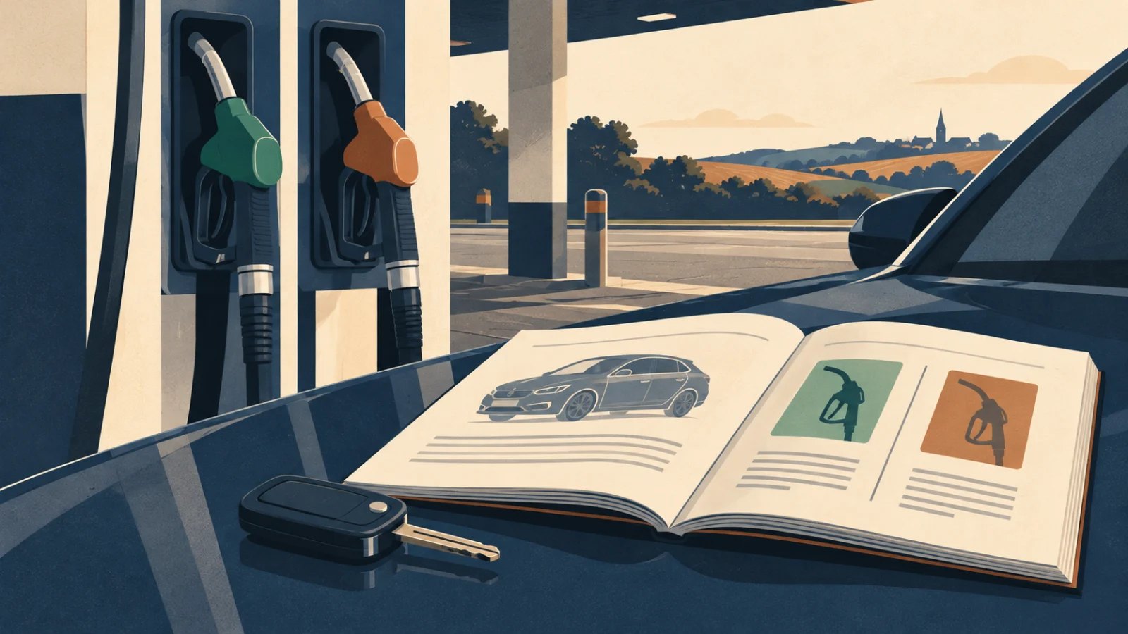 Two petrol nozzles beside a car handbook and key at a British forecourt, illustrated in navy and copper.