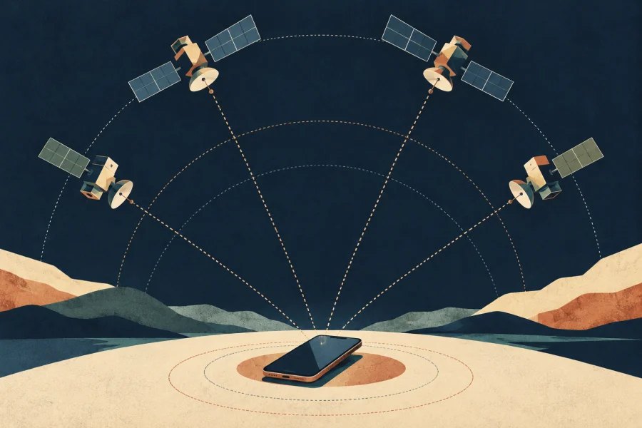 Four satellites send positioning signals to a phone below