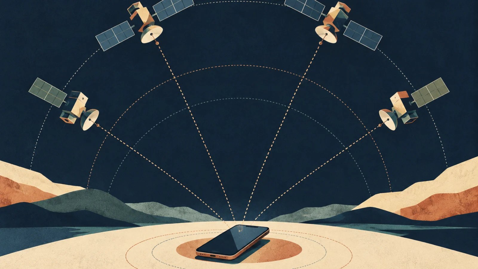 Four satellites send positioning signals to a phone below