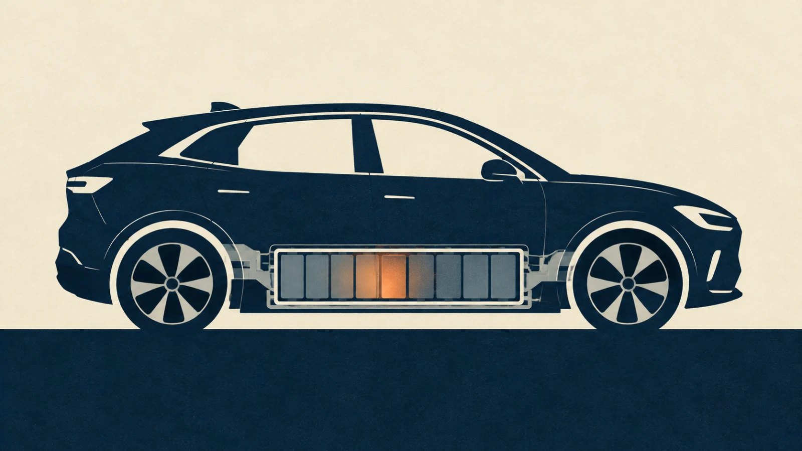 Electric car silhouette with a cutaway underfloor battery and one subtly warming cell