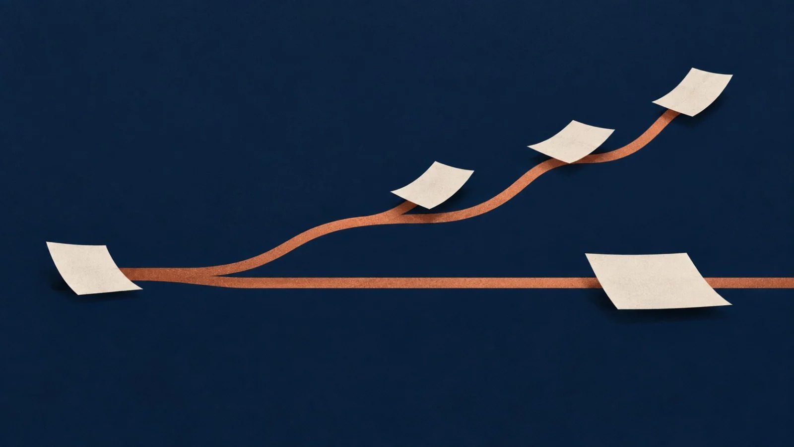 Blank paper messages travel along two copper paths, with several on the faster rising path and one on the slower straight path