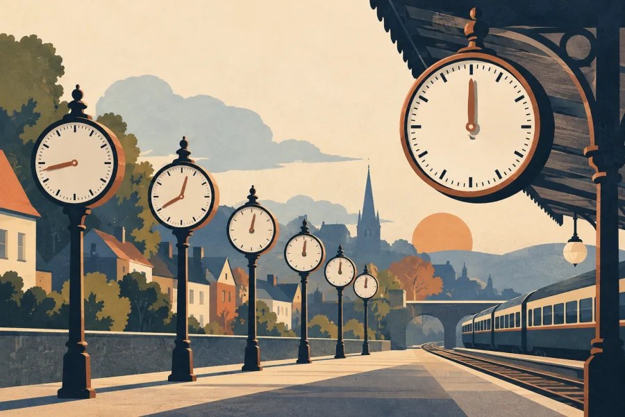 A row of town clocks converges beside a railway
