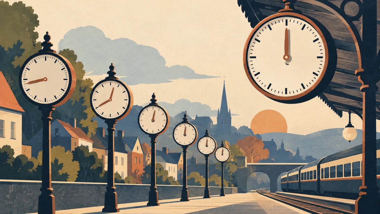 A row of town clocks converges beside a railway