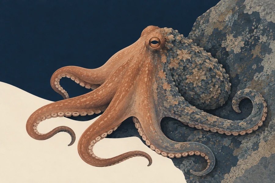 An octopus blends into a rock as its illustrated skin shifts from smooth copper to mottled, raised slate texture.