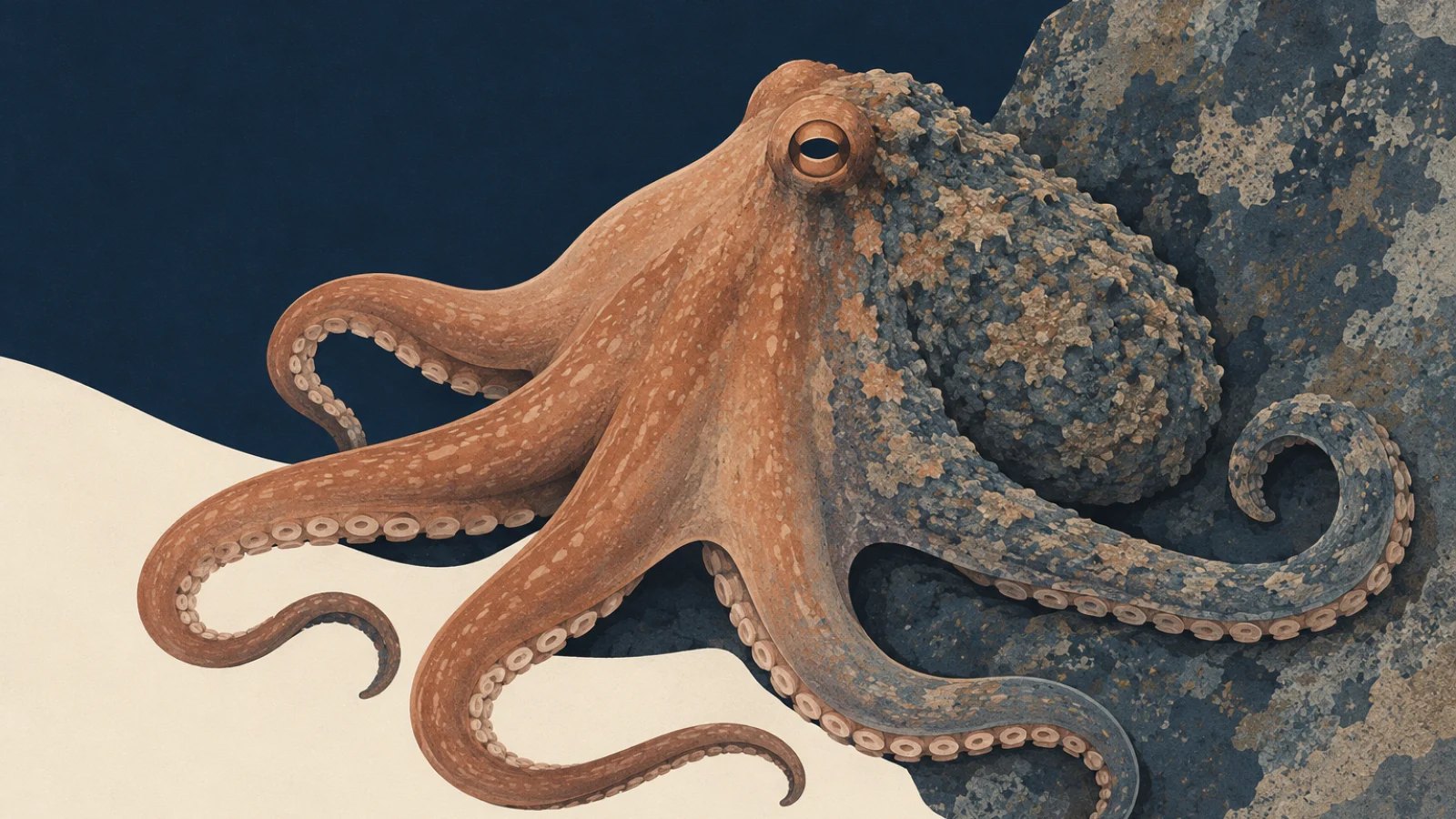 An octopus blends into a rock as its illustrated skin shifts from smooth copper to mottled, raised slate texture.