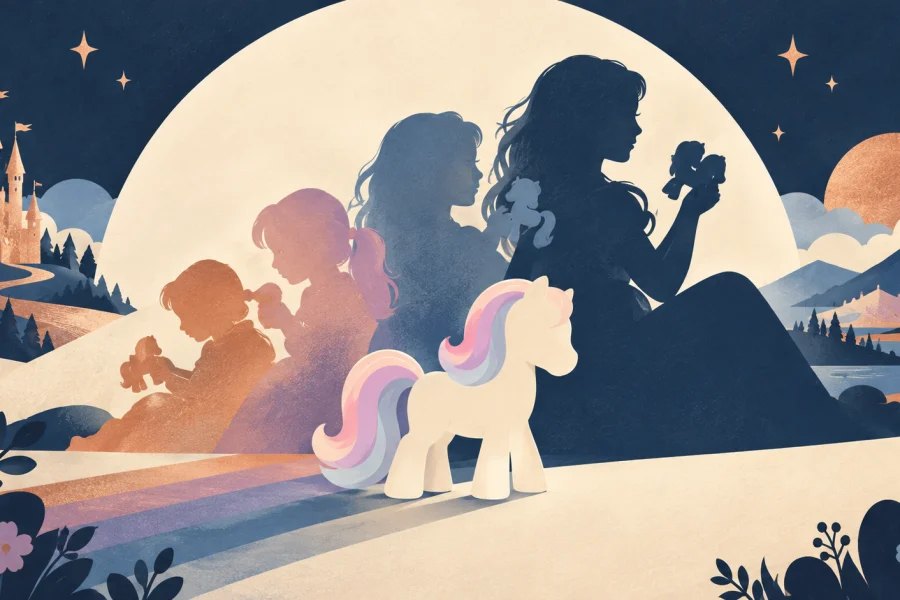 A simple pastel toy pony before silhouettes of successive generations of children in a navy and cream illustration