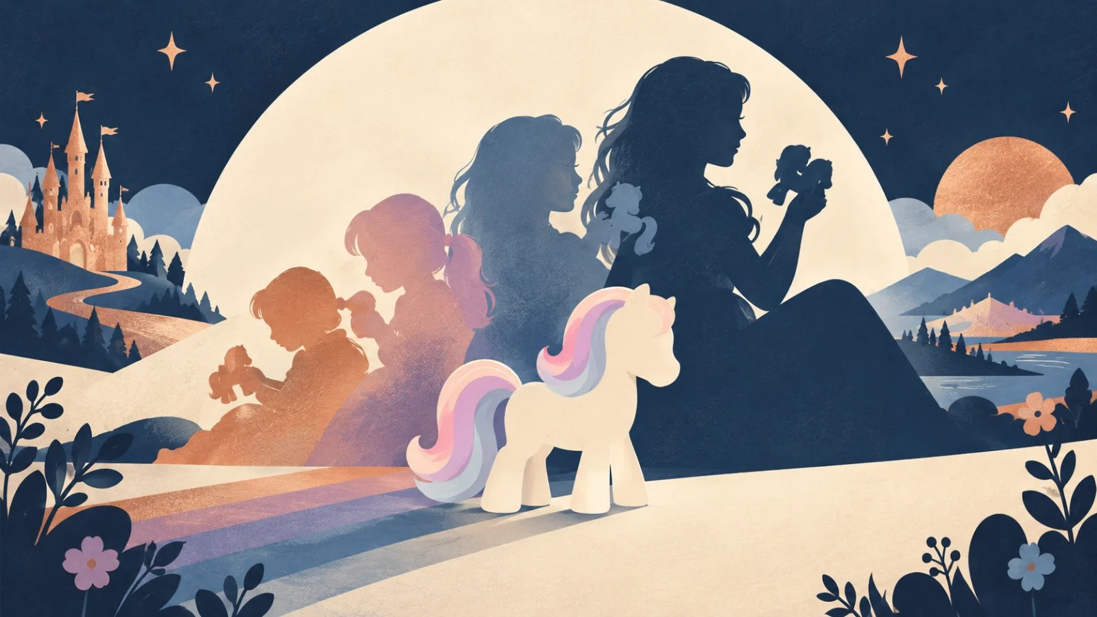 A simple pastel toy pony before silhouettes of successive generations of children in a navy and cream illustration