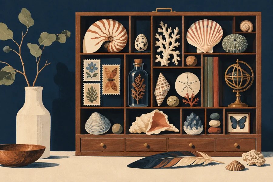 a cabinet of carefully arranged shells, stamps and small treasured objects