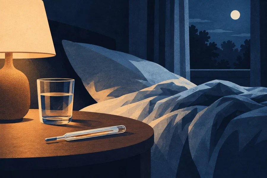 A thermometer and glass of water sit beside a rumpled bed under a night sky.