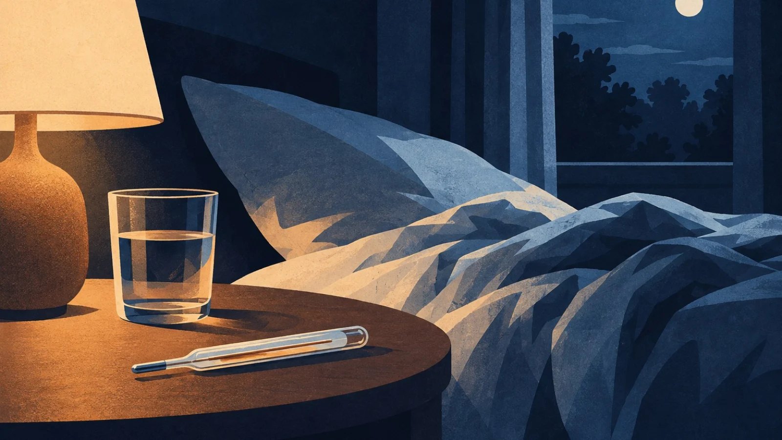 A thermometer and glass of water sit beside a rumpled bed under a night sky.