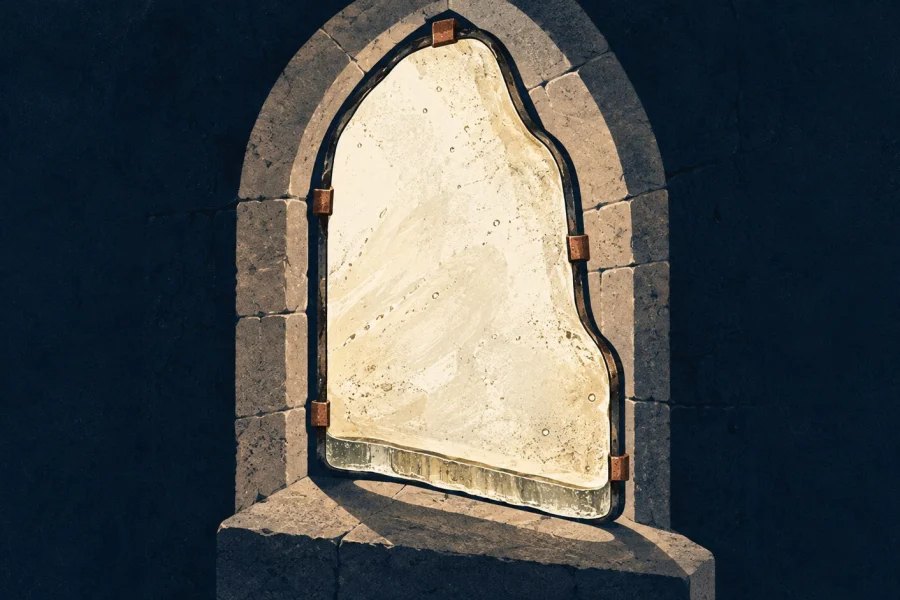 A thick-bottomed old glass pane held rigidly in a stone window frame, illustrated in cream and navy