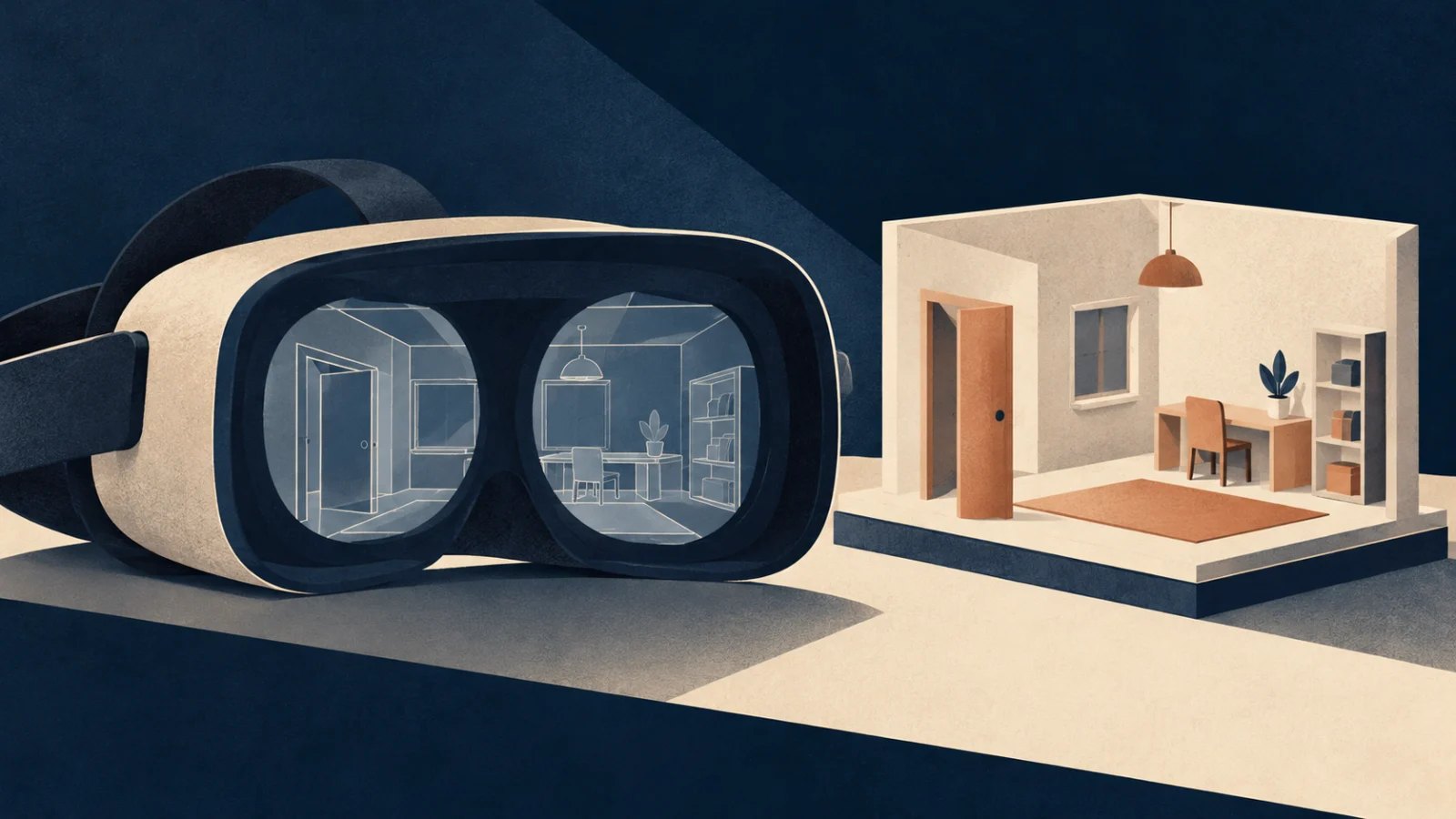 Virtual reality headset showing a room model beside a matching physical room model