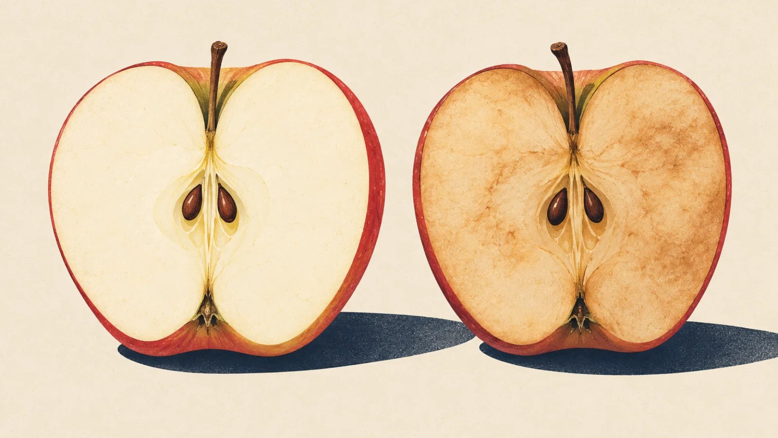 Two illustrated apple halves side by side, one freshly pale and the other lightly browned after exposure to air.