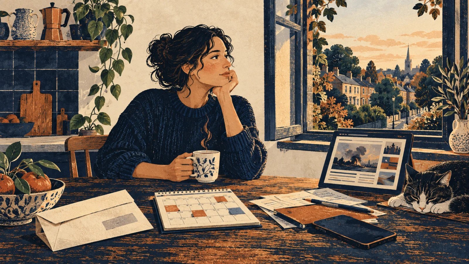 A person reflecting at a kitchen table with everyday pressures and a calm neighbourhood outside