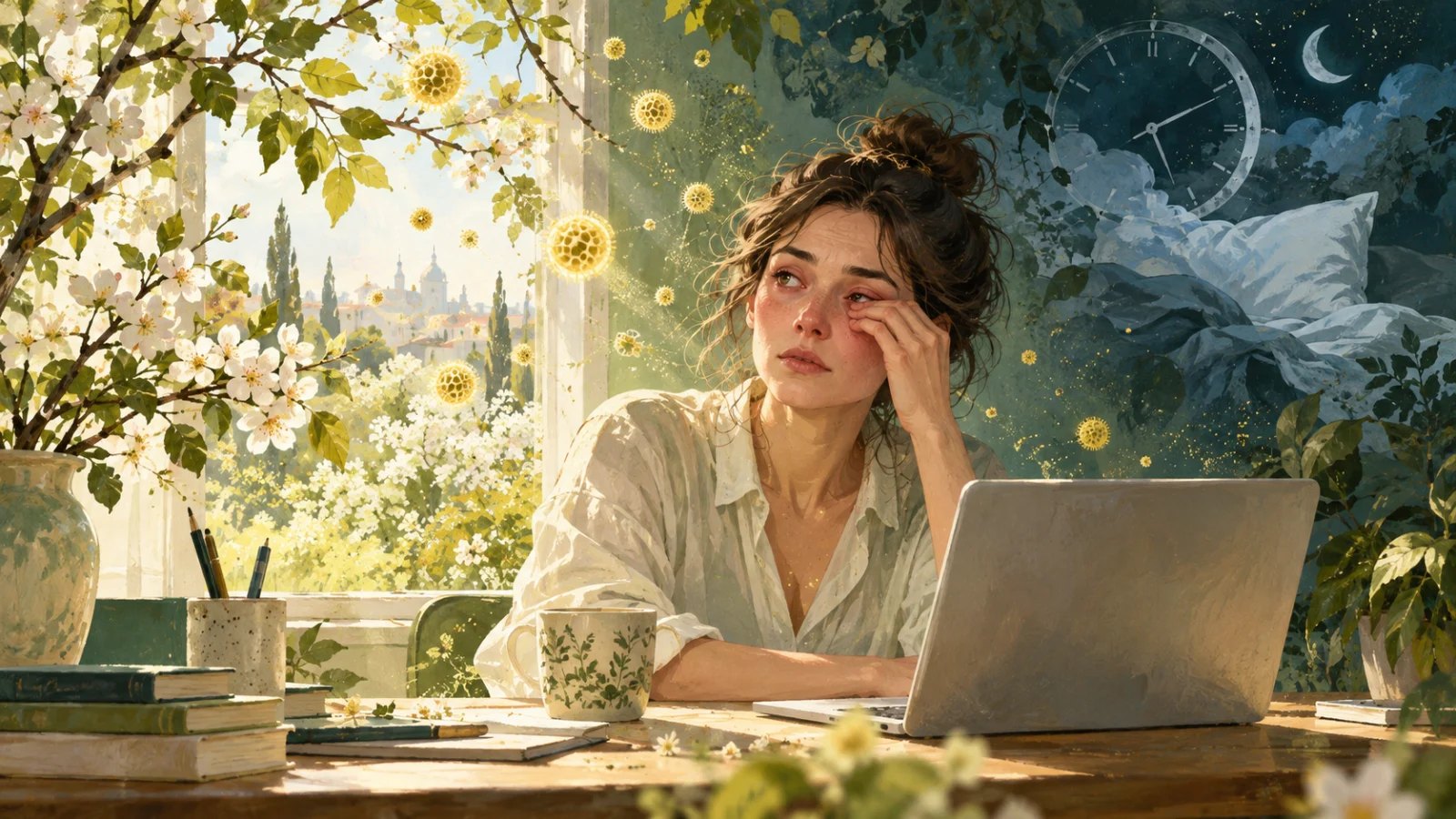 A tired person at a desk with pollen drifting in from blossom and a sleepless night suggested behind