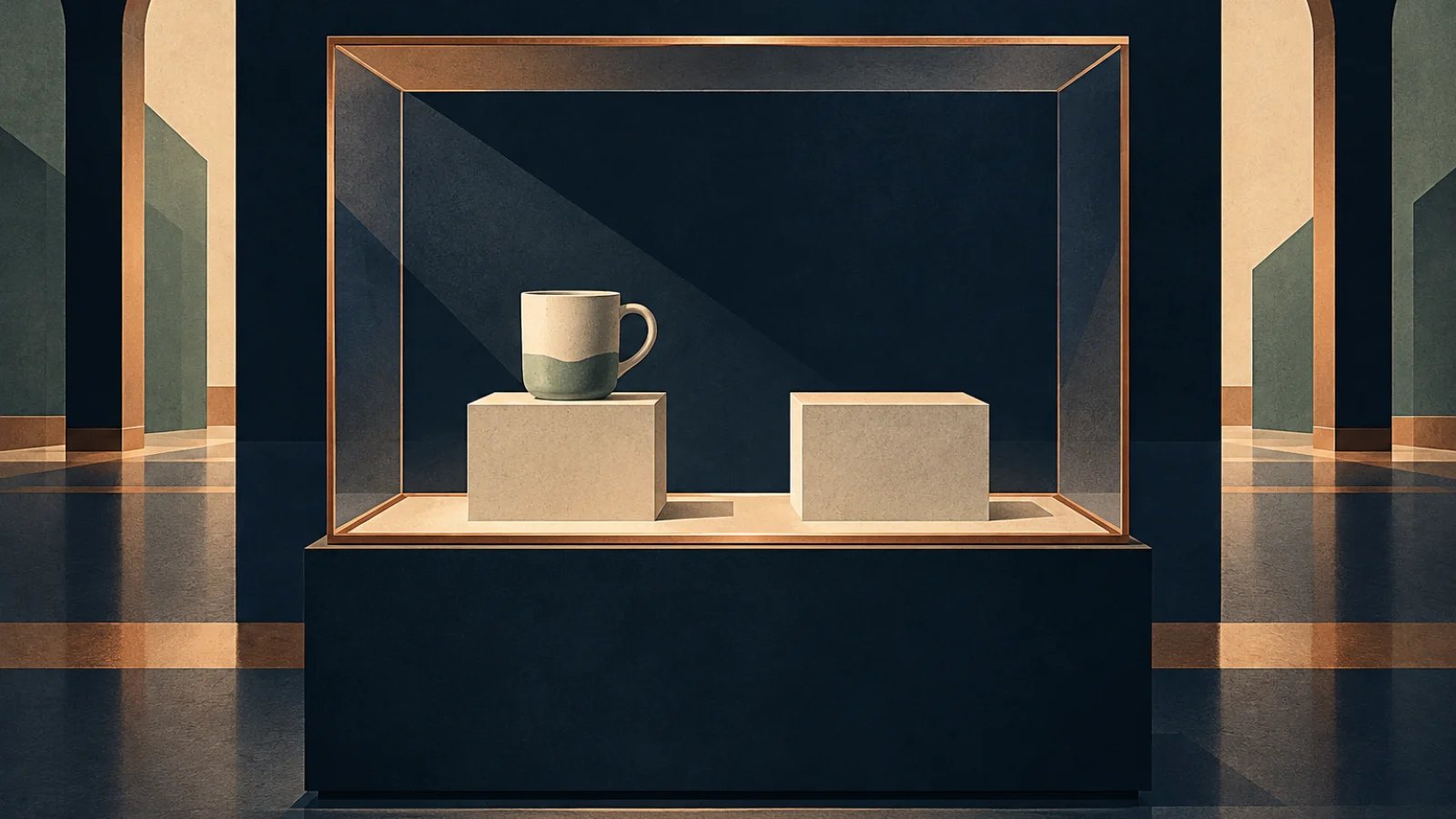 A museum case holds an ordinary mug beside an empty display plinth