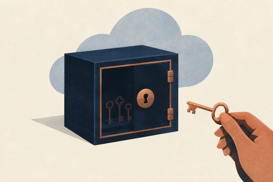 Illustrated locked vault in front of a cloud shape, with an unlocking key held outside it.