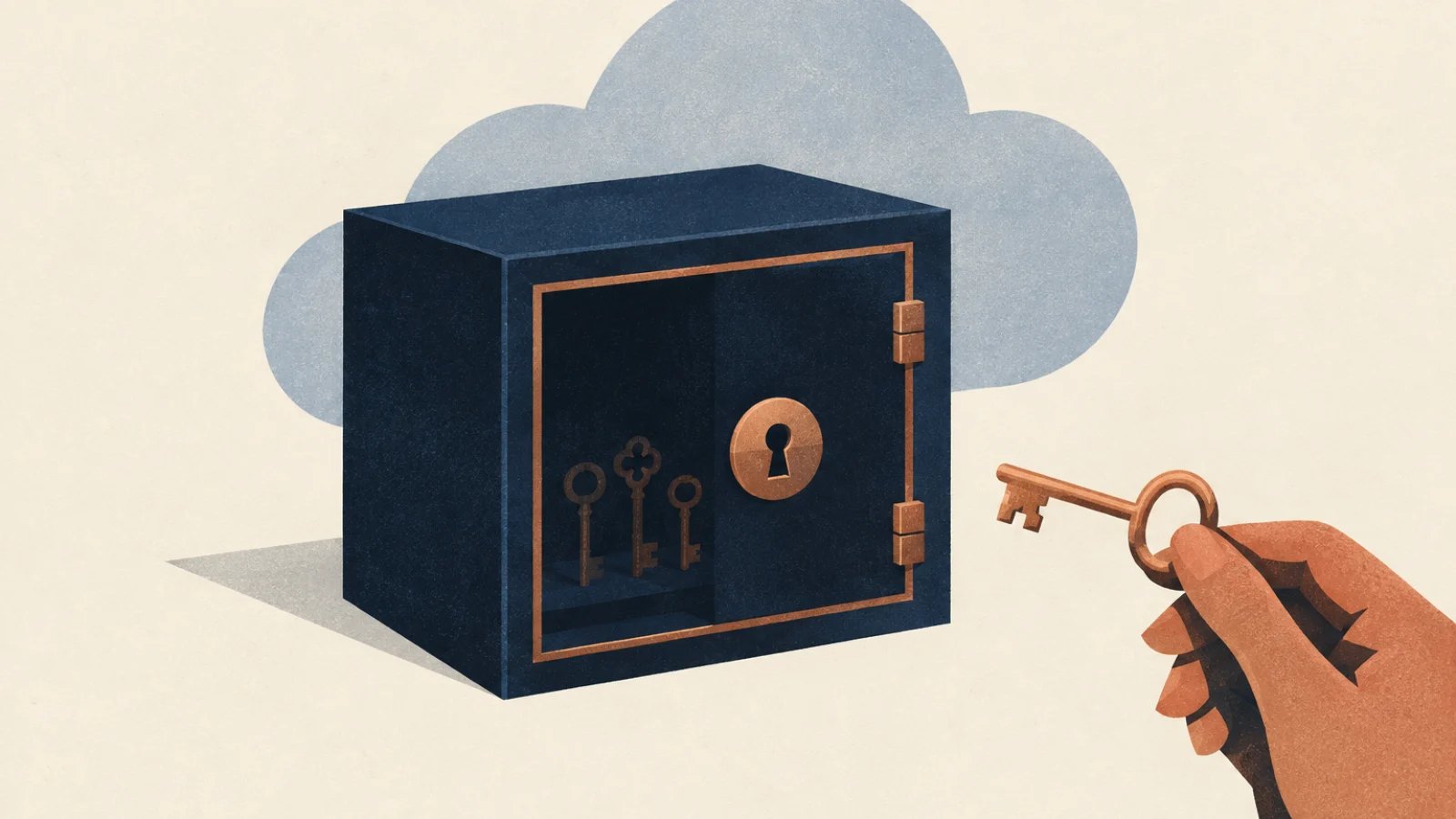 Illustrated locked vault in front of a cloud shape, with an unlocking key held outside it.