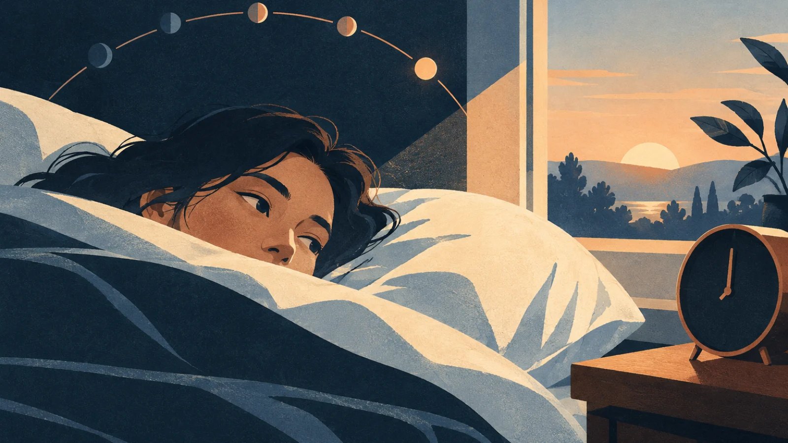 Illustration of someone waking before an alarm at dawn
