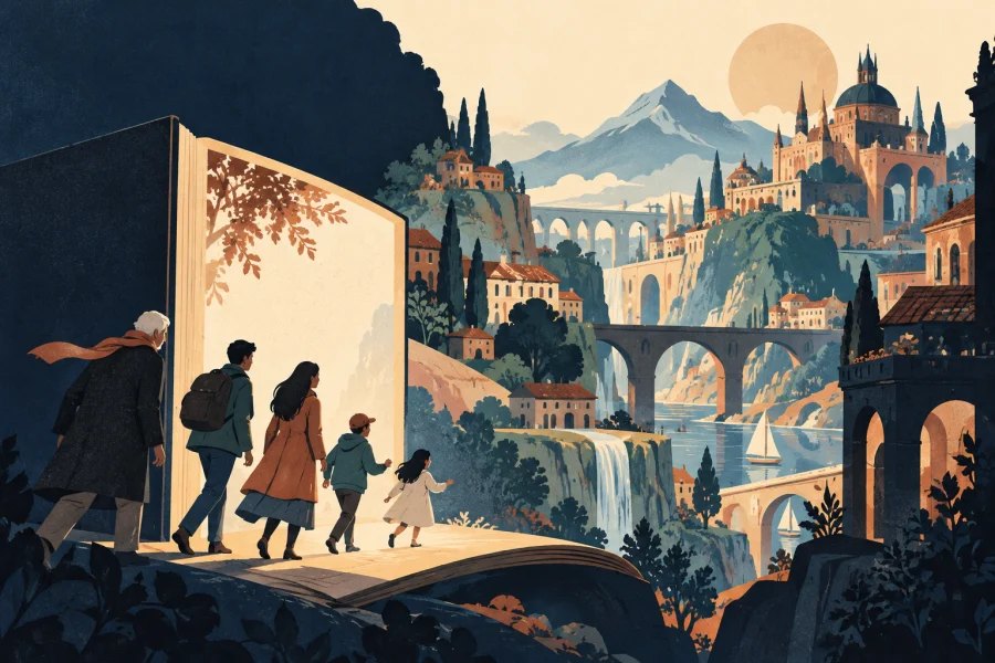 Illustration of readers across generations entering a fictional world