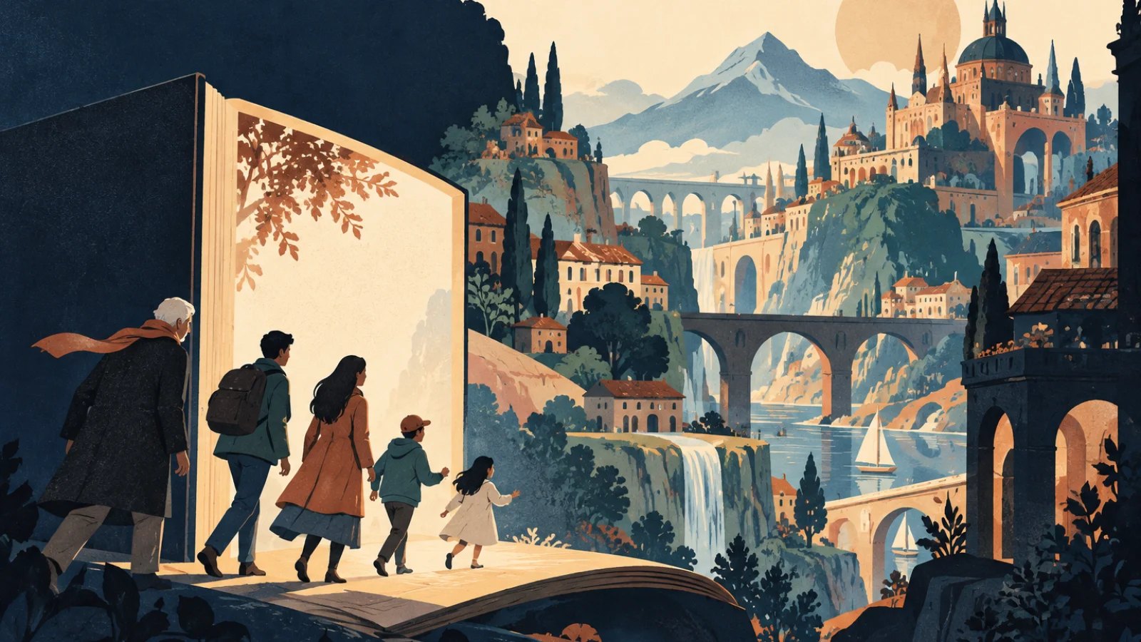 Illustration of readers across generations entering a fictional world