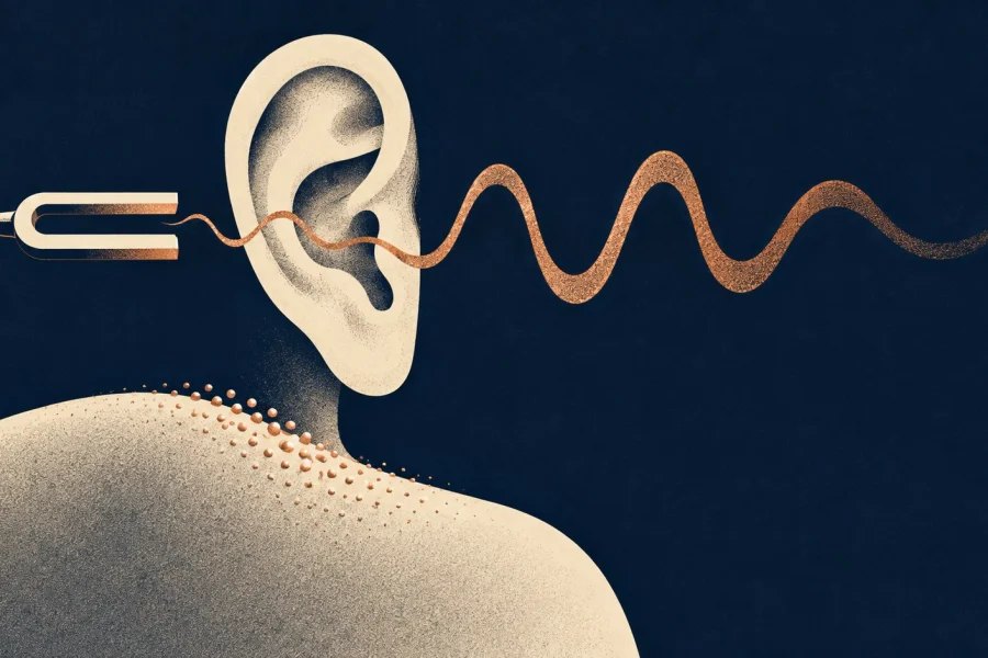 A stylised ear receiving a copper sound wave, with goosebumps along a shoulder against a navy background