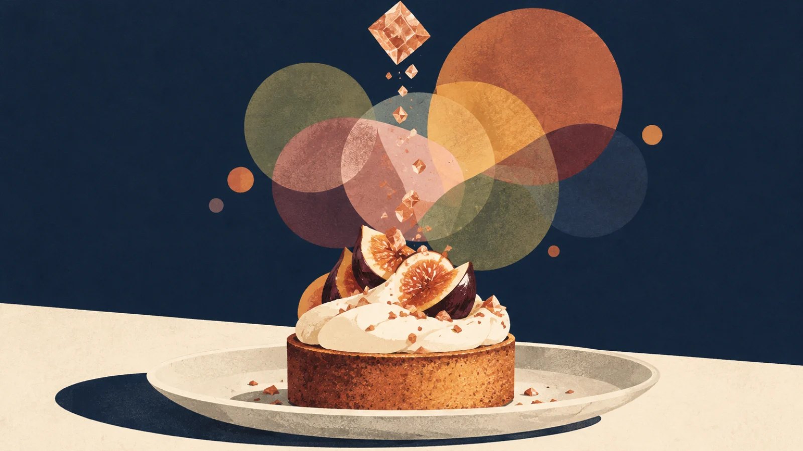 Illustration of salt crystals falling onto a sweet dessert