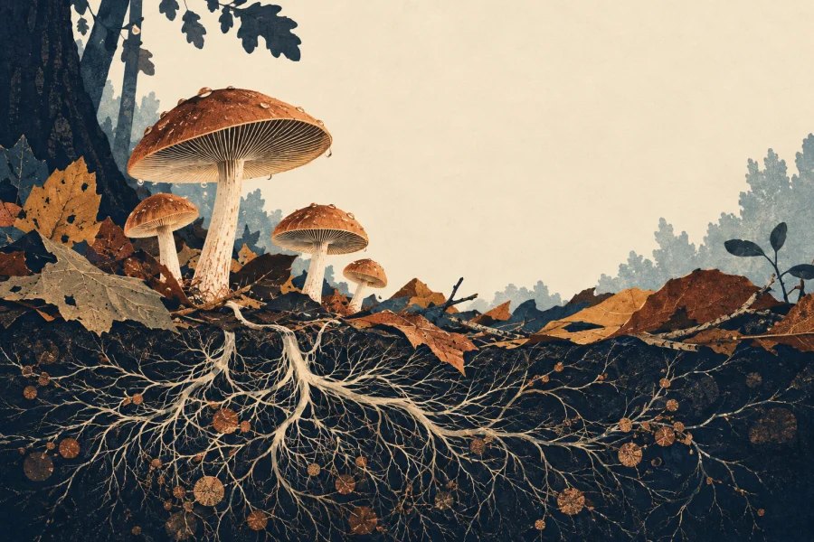Illustration of mushrooms above a hidden mycelium network