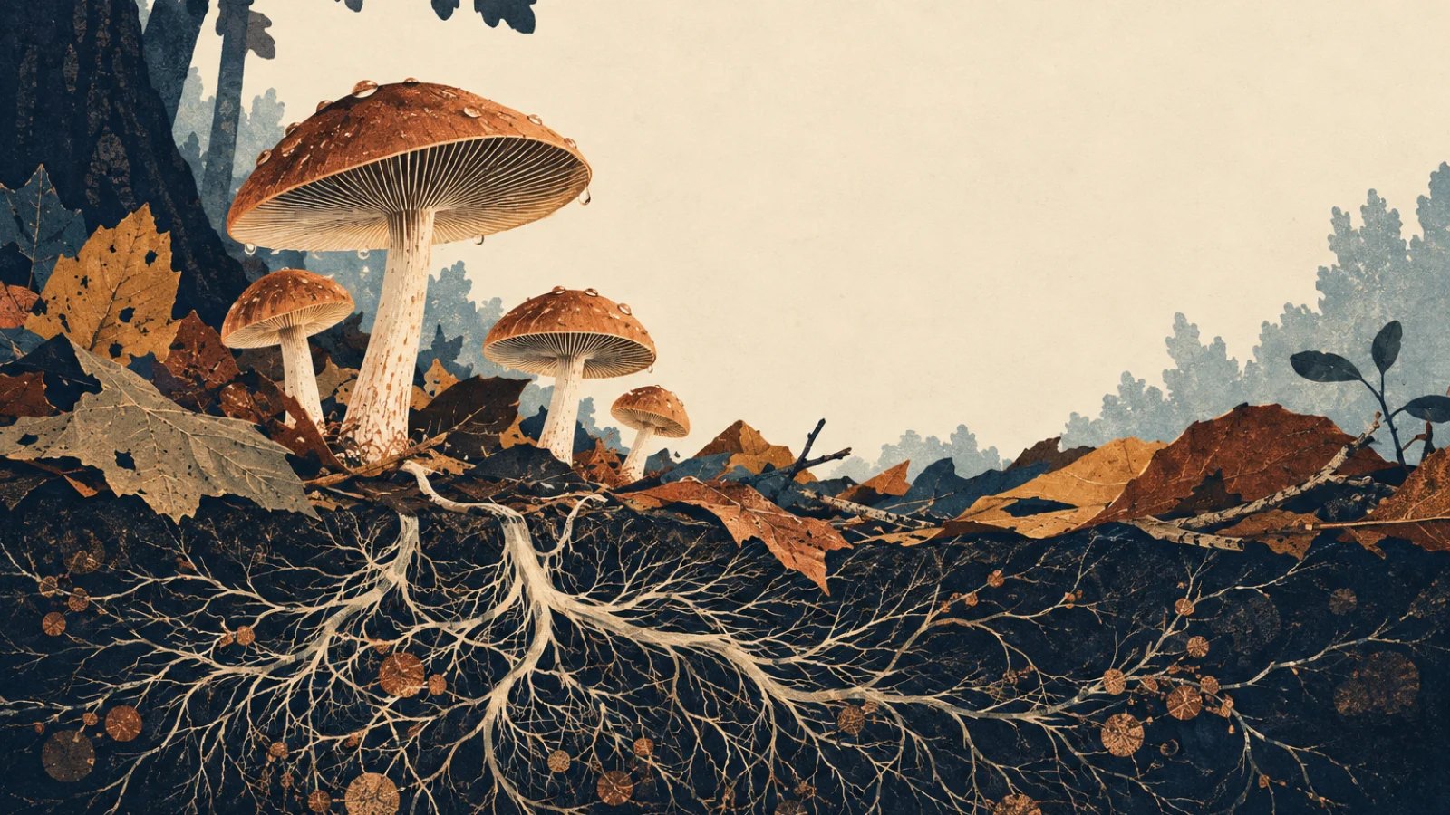 Illustration of mushrooms above a hidden mycelium network