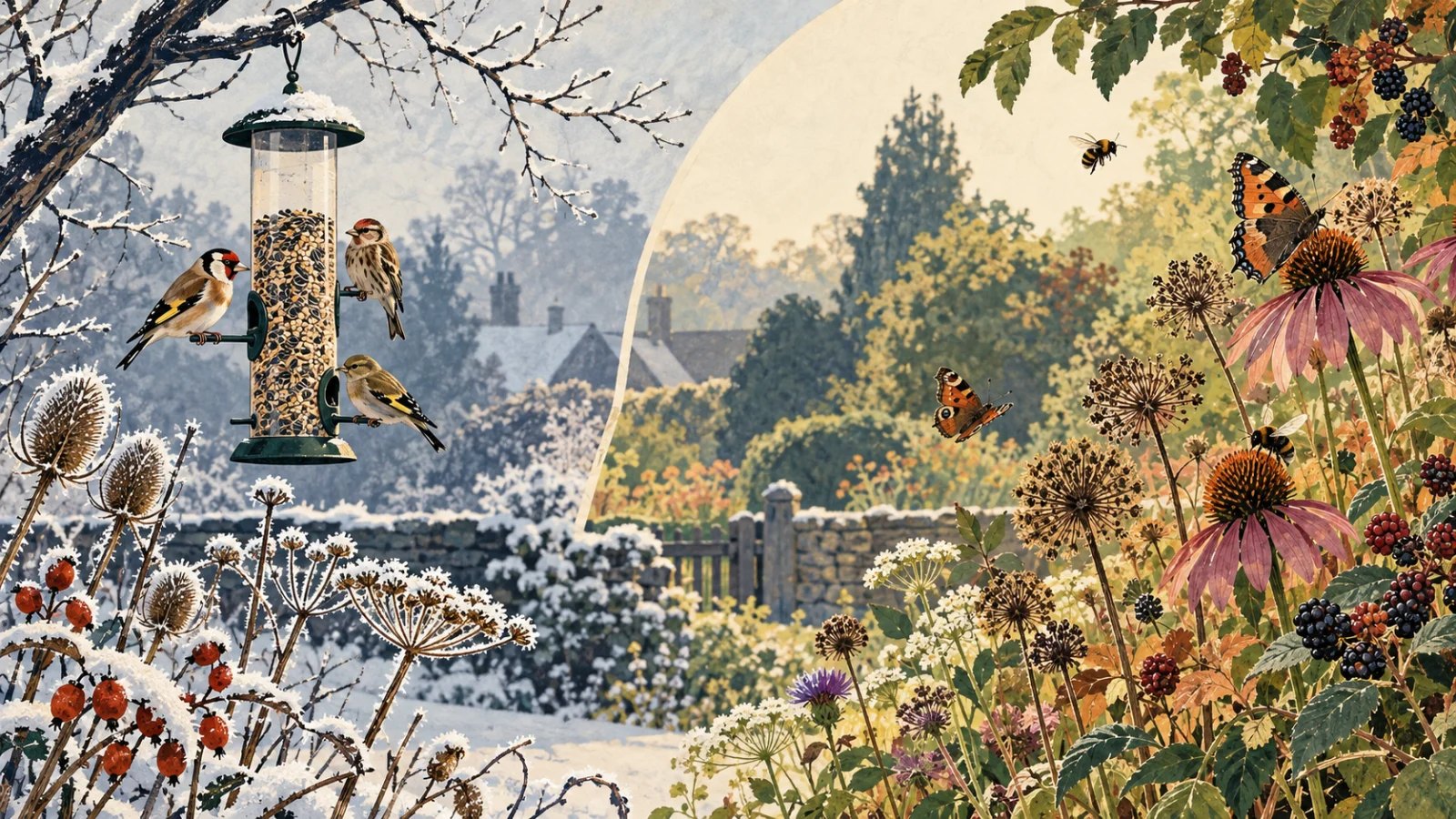 Garden birds at a clean winter feeder beside a flourishing summer habitat