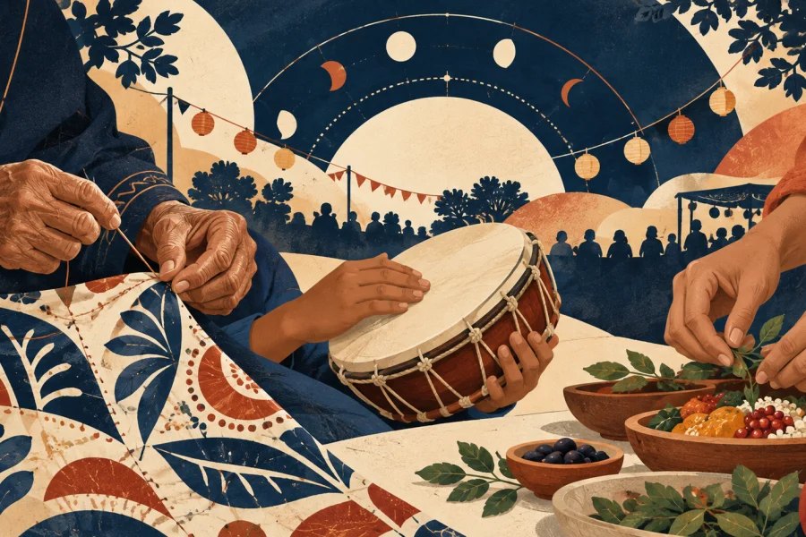 Three generations prepare fabric, music and food together for a festival, in a navy and cream illustration.