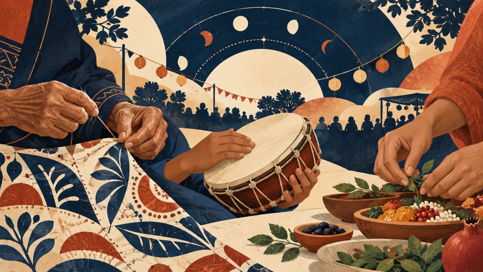 Three generations prepare fabric, music and food together for a festival, in a navy and cream illustration.