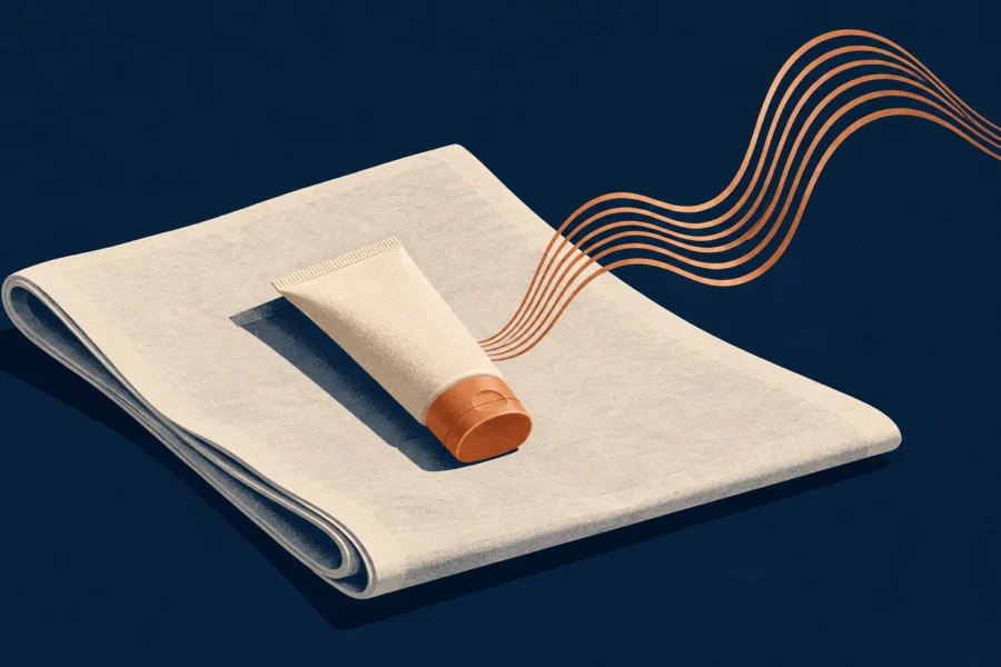 Unlabelled sunscreen tube on a blank newspaper page with a copper sound wave rising from it