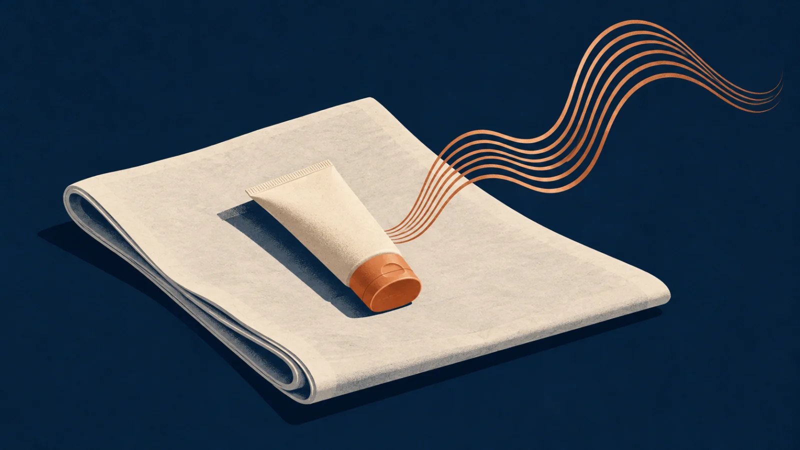 Unlabelled sunscreen tube on a blank newspaper page with a copper sound wave rising from it