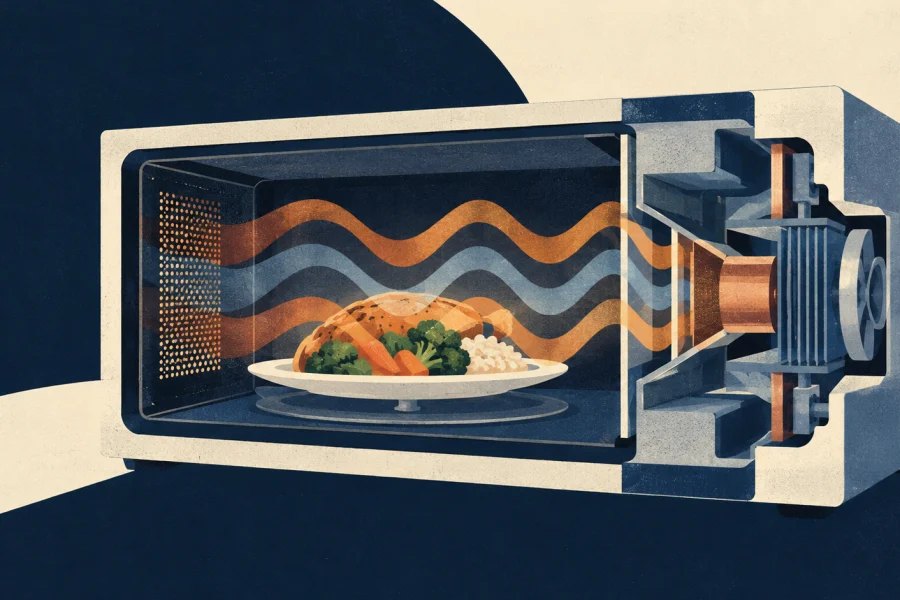 Illustration of food crossing hot and cool regions in a microwave