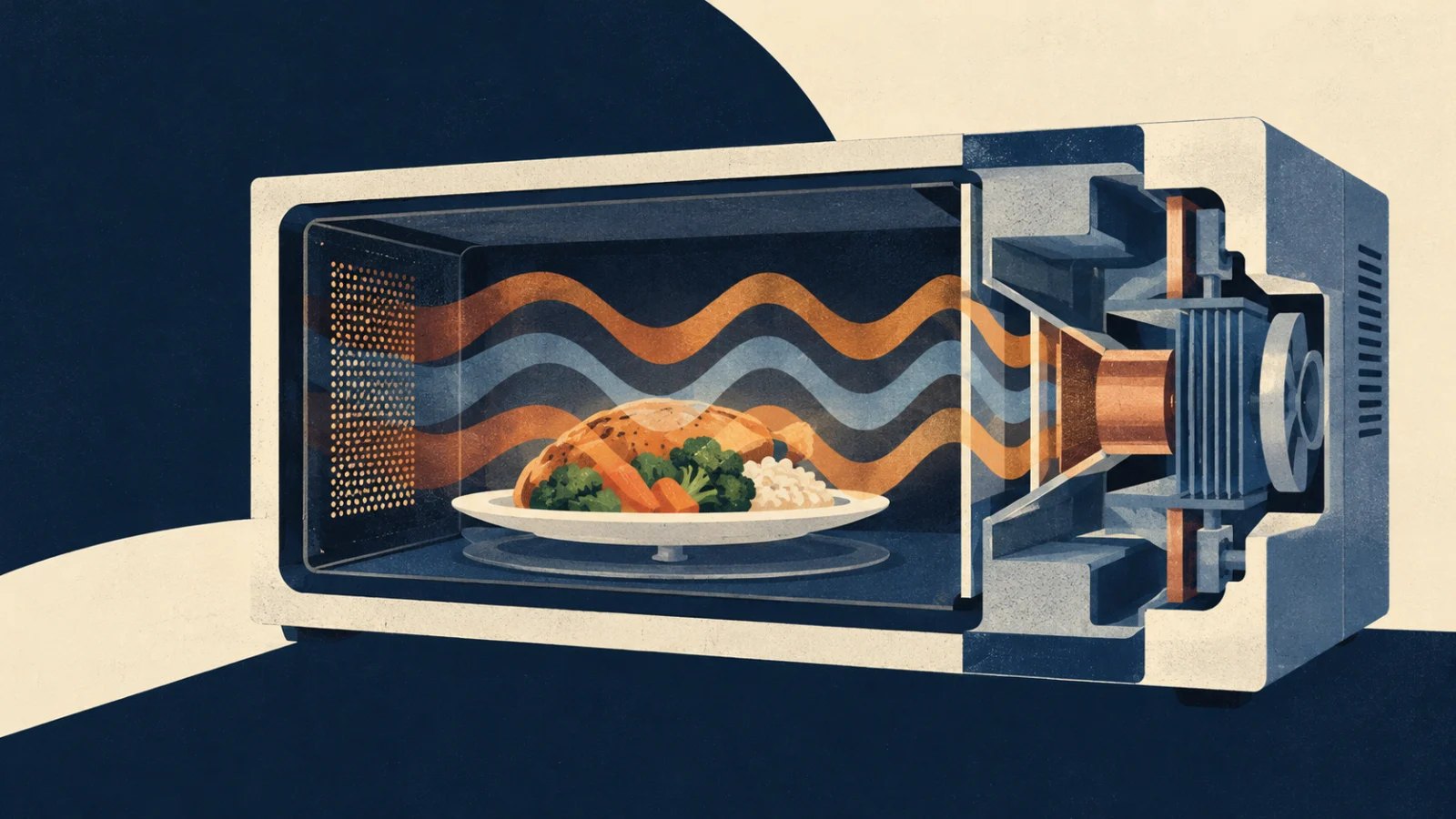 Illustration of food crossing hot and cool regions in a microwave
