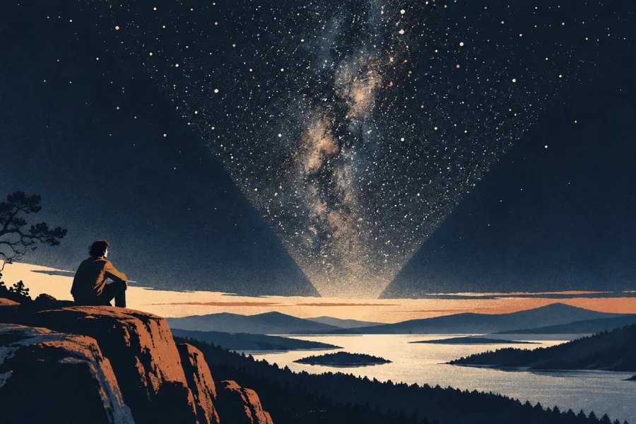 Star-filled night sky fading into darkness above a distant horizon