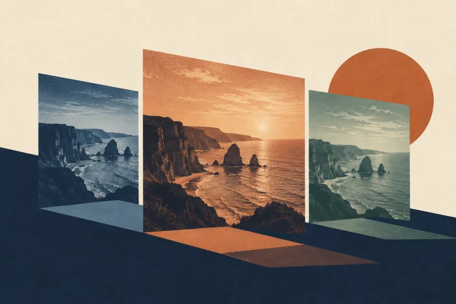 one photograph displayed as three differently coloured rectangular screens