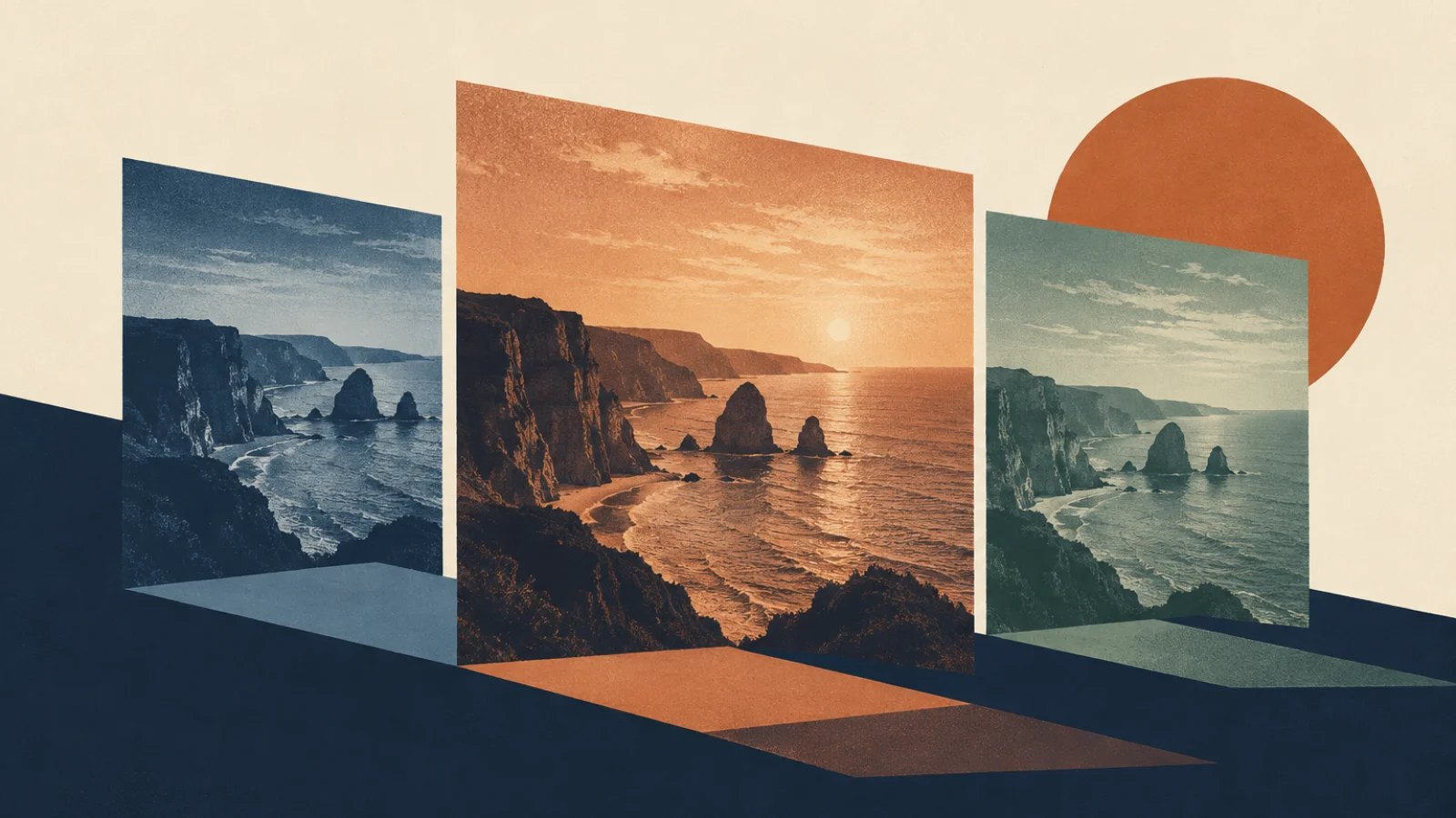 one photograph displayed as three differently coloured rectangular screens