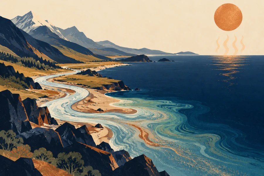 A river carries dissolved minerals from mountains into the sea