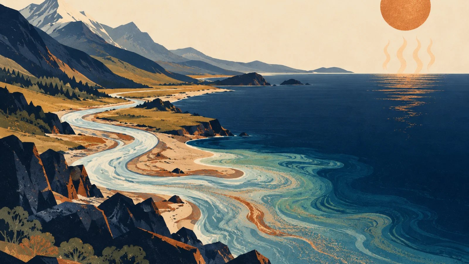 A river carries dissolved minerals from mountains into the sea