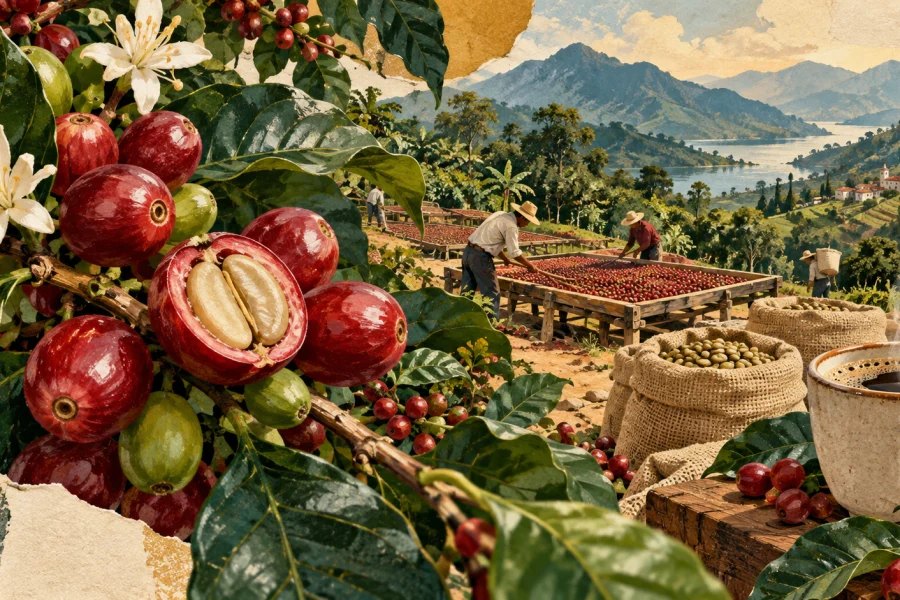 Original editorial illustration for What Really Goes into a Cup of Coffee?
