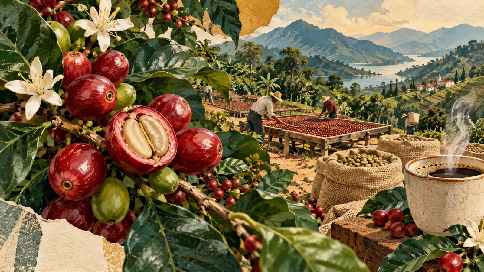 Original editorial illustration for What Really Goes into a Cup of Coffee?
